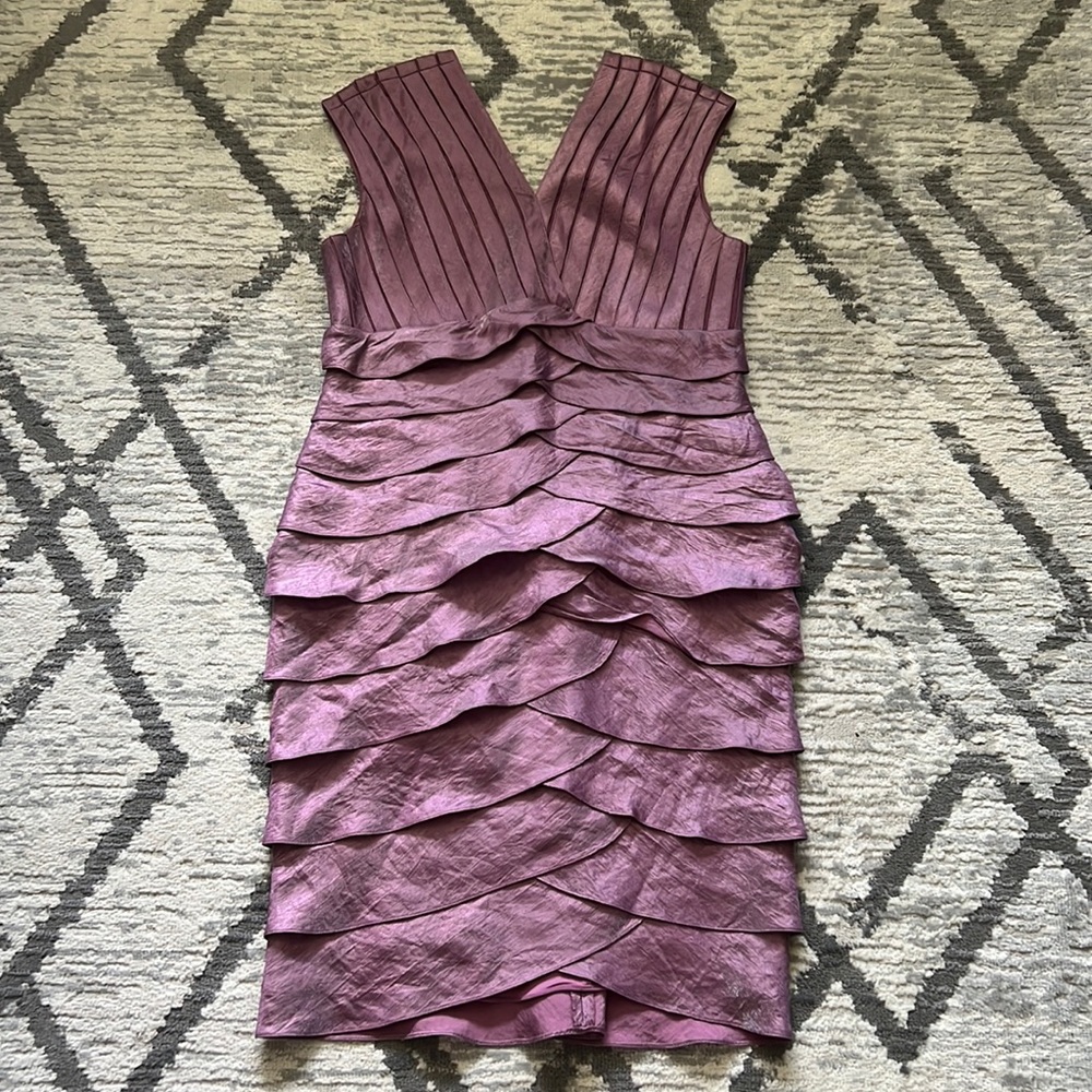 Adrianna Papell Salmon/Shimmering Purple Metallic Shutter Pleats Tiered Dress